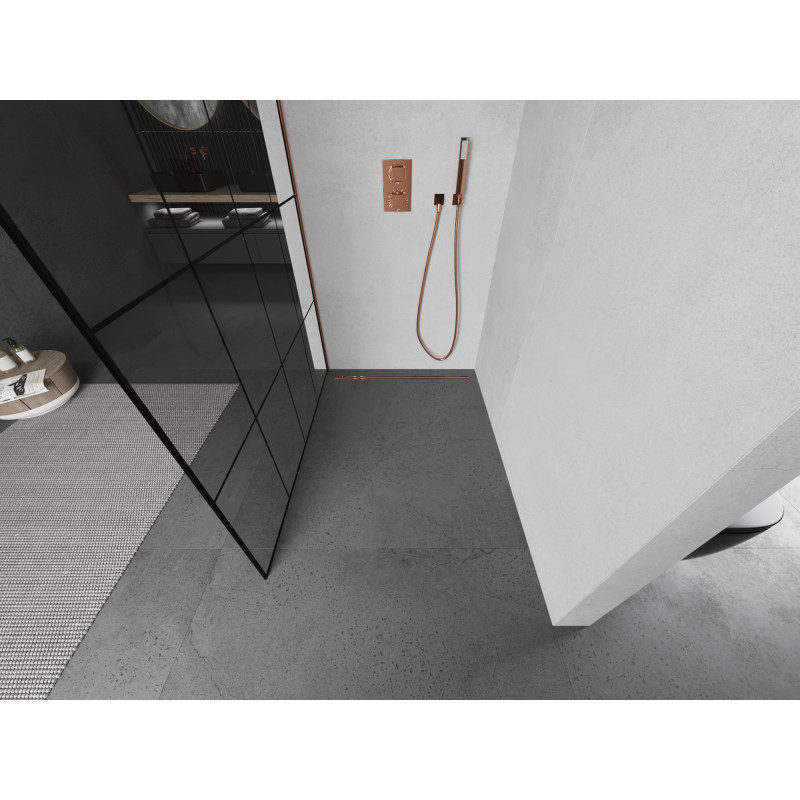 Mexen Kioto душ кабина Walk-in 140 x 200 см, черна решетка 8 мм, розово злато