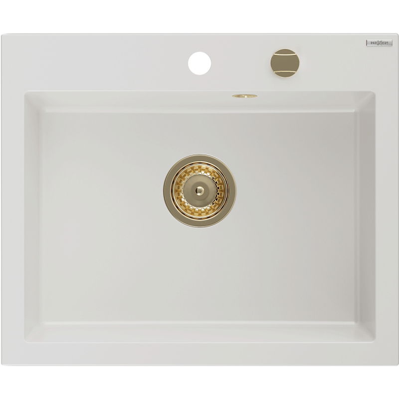 Mexen Elix гранитна мивка с 1 отделение 600 x 500 mm, бяла, златен сифон - 6525601005-20-G