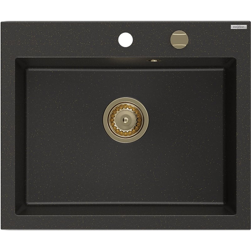 Mexen Elix гранитна мивка с 1 гнездо 600 x 500 мм, черно/златист металик, златен сифон - 6525601005-75-G