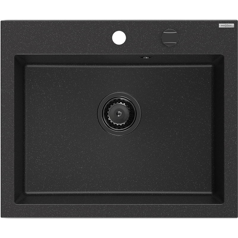 Mexen Elix гранитна мивка с 1 камера 600 x 500 мм, черно/сребърен металик, черен сифон - 6525601005-73-B