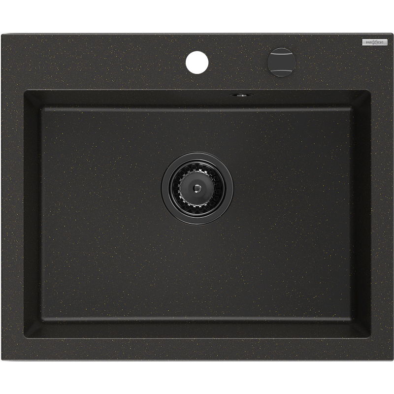 Mexen Elix гранитна мивка 1-коморова 600 x 500 мм, черно/златен металик, черен сифон - 6525601005-75-B