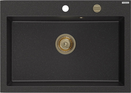 Mexen Elix гранитна мивка 1-камерна 700 x 500 мм, черен/сребрист металик, златен сифон - 6526701005-73-G