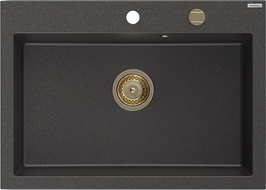 Mexen Elix гранитна мивка със сифон 1-камерна 700 x 500 мм, черно с пръски, златен сифон - 6526701005-76-G