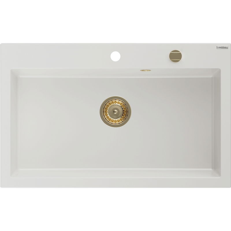 Mexen Elix гранитна мивка 1-коморна 800 x 500 mm, бял, златен сифон - 6527801005-20-G