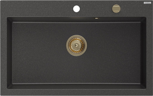 Mexen Elix гранитна мивка с 1 камера 800 x 500 мм, черна на петна, златен сифон - 6527801005-76-G