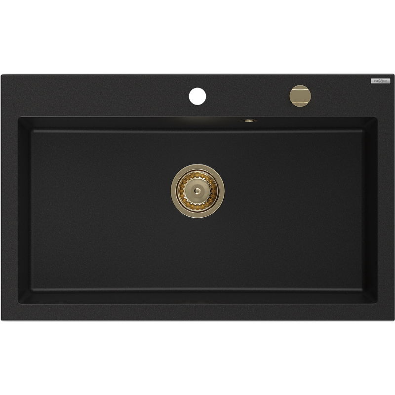 Mexen Elix гранитна кухненска мивка с 1 отделение 800 x 500 мм, черна, златен сифон - 6527801005-77-G