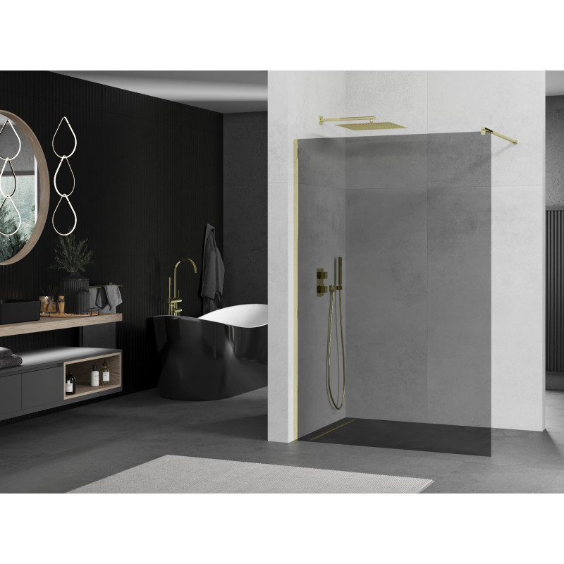 Mexen Kioto Стенна преграда за душ Walk-in 130 x 200 см, графит 8 мм, златна