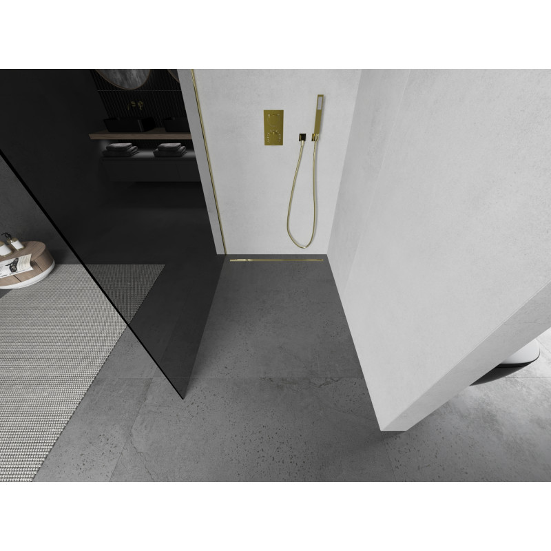 Mexen Kioto стенни панели за душ Walk-in 140 x 200 см, графит 8 мм, злато - 800-140-101-50-40