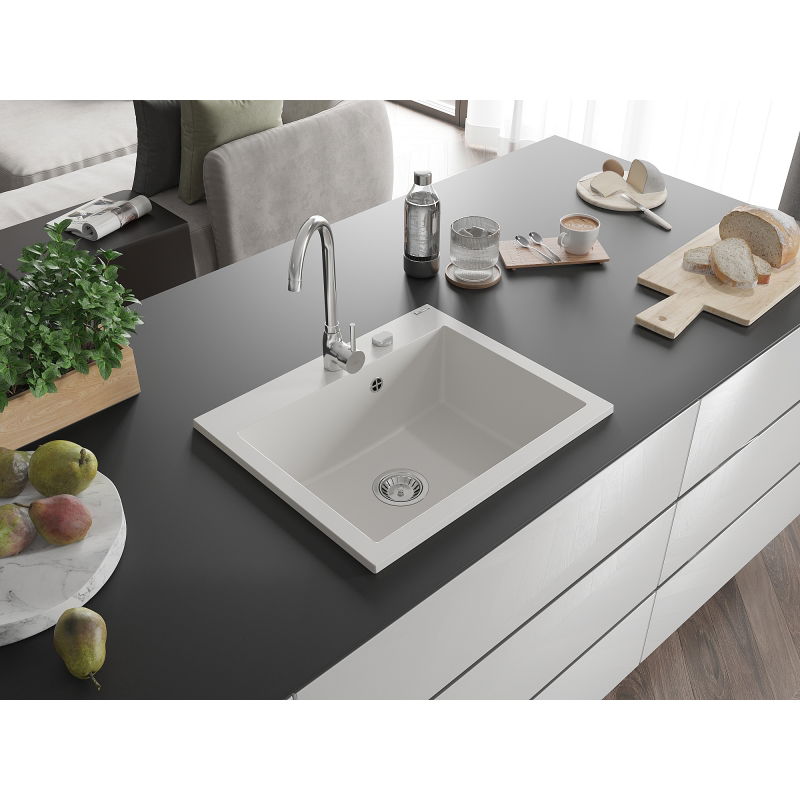 Mexen Elix гранитна кухненска мивка с 1 камера 600 x 500 mm, бяла, хромиран сифон - 6525601005-20