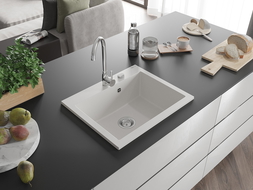 Mexen Elix гранитна кухненска мивка с 1 камера 600 x 500 mm, бяла, хромиран сифон - 6525601005-20