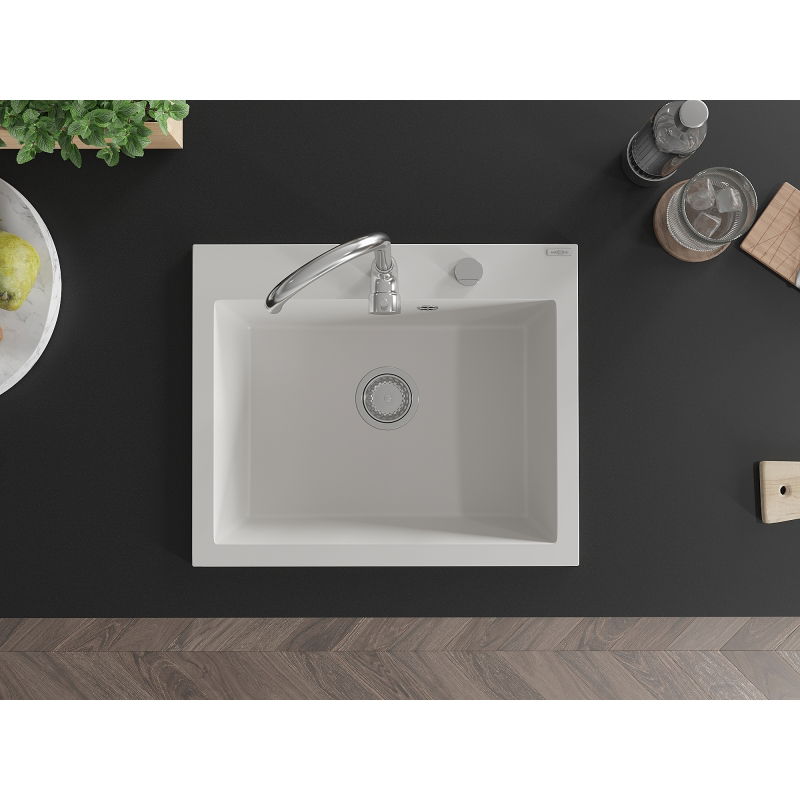 Mexen Elix гранитна кухненска мивка с 1 камера 600 x 500 mm, бяла, хромиран сифон - 6525601005-20