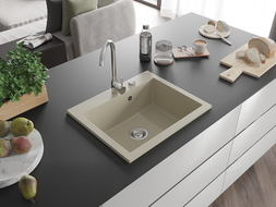 Mexen Elix гранитна мивка с 1 отделение 600 x 500 мм, бежова, хромиран сифон - 6525601005-69