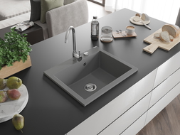 Mexen Elix гранитна мивка с една камера 600 x 500 мм, сива, хромиран сифон - 6525601005-71