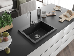 Mexen Elix кухненска мивка от гранит с 1 отделение 600 x 500 мм, черно/сребро металик, сифон хром - 6525601005-73