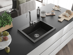 Mexen Elix гранитна мивка с 1 отделение 600 x 500 mm, черен/златен металик, хромиран сифон - 6525601005-75