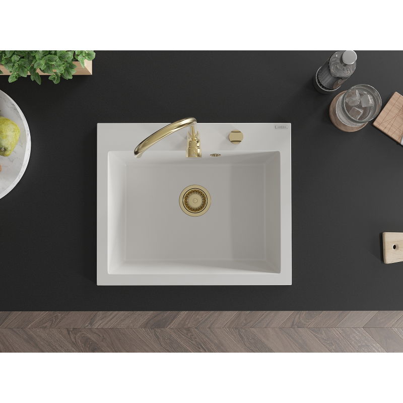 Mexen Elix гранитна мивка с 1 отделение 600 x 500 мм, бяла, златен сифон - 6525601005-20-G