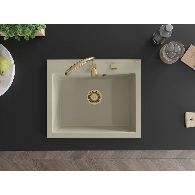 Mexen Elix гранитна мивка с 1 отделение 600 x 500 mm, бежова, златен сифон - 6525601005-69-G