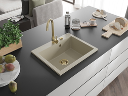 Mexen Elix гранитна мивка с 1 отделение 600 x 500 mm, бежова, златен сифон - 6525601005-69-G