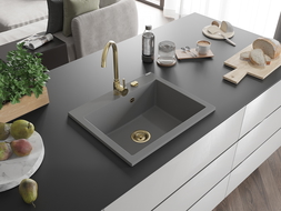 Mexen Elix мивка от гранит с 1 отделение 600 x 500 мм, сив, със златен сифон - 6525601005-71-G