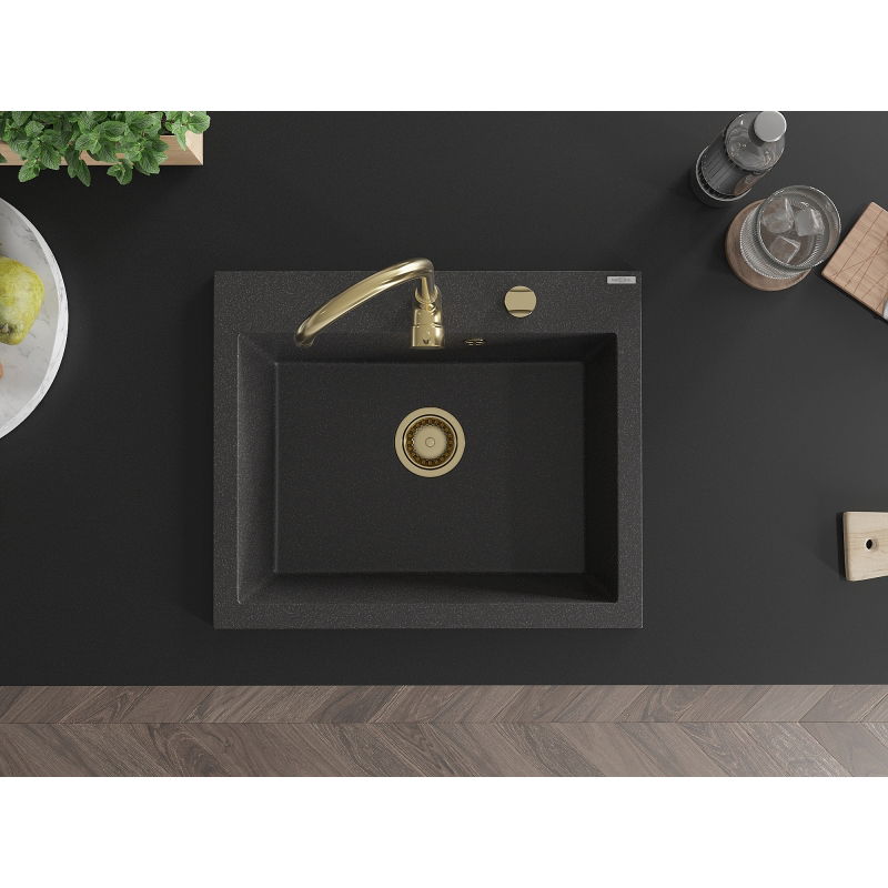 Mexen Elix кухненска мивка от гранит с 1 отделение 600 x 500 mm, черна с пръски, златен сифон - 6525601005-76-G