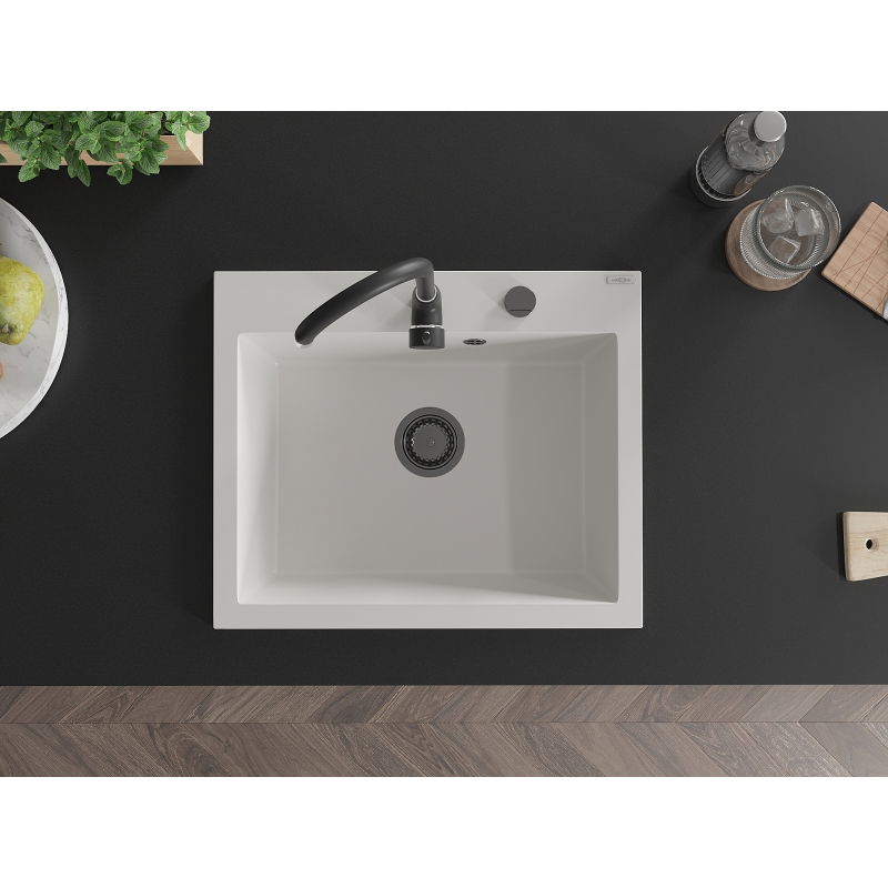 Mexen Elix кухненска мивка от гранит с 1 купа 600 x 500 мм, бяла, черен сифон - 6525601005-20-B