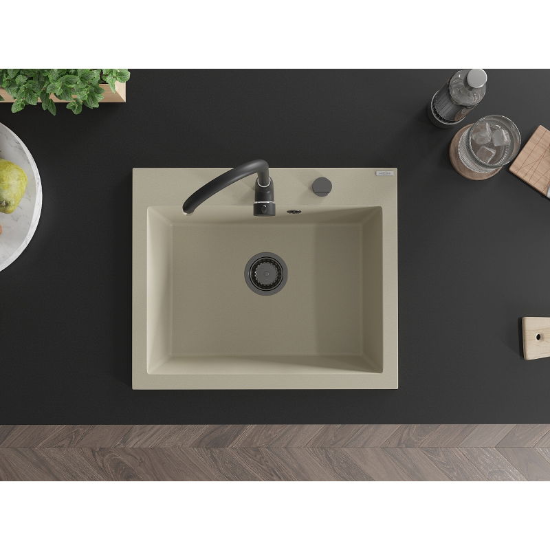 Mexen Elix кухненска мивка от гранит с 1 отделение 600 x 500 мм, бежова, сифон черен- 6525601005-69-B