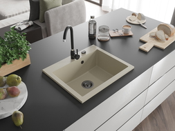 Mexen Elix кухненска мивка от гранит с 1 отделение 600 x 500 мм, бежова, сифон черен- 6525601005-69-B