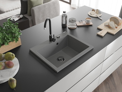 Mexen Elix кухненска мивка гранит 1-камерна 600 x 500 mm, сива, черен сифон - 6525601005-71-B