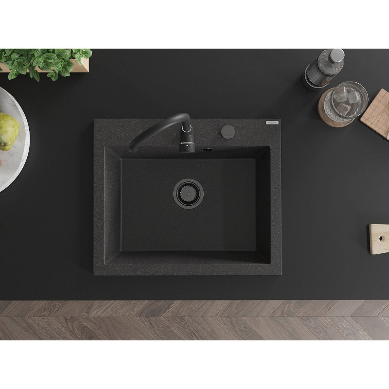 Mexen Elix Гранитна мивка с 1 отделение 600 x 500 mm, черно накрапано, черен сифон - 6525601005-76-B