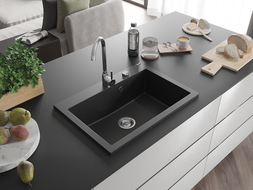 Mexen Elix гранитна мивка с 1 камера 700 x 500 мм, черно/сребърен металик, хромиран сифон - 6526701005-73