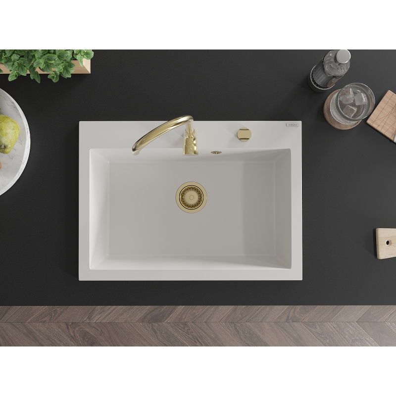 Mexen Elix гранитна кухненска мивка с 1 отделение 700 x 500 мм, бяла, златен сифон - 6526701005-20-G