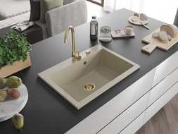 Mexen Elix мивка от гранит с 1 отделение 700 x 500 мм, бежова, златен сифон - 6526701005-69-G
