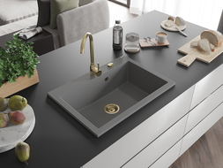 Mexen Elix гранитна мивка с 1 отделение 700 x 500 мм, сива, златен сифон