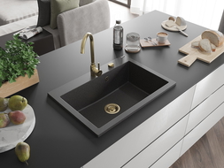 Mexen Elix гранитна мивка със сифон 1-камерна 700 x 500 мм, черно с пръски, златен сифон - 6526701005-76-G