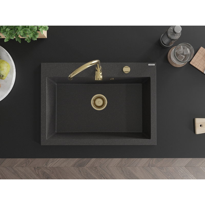 Mexen Elix гранитна мивка със сифон 1-камерна 700 x 500 мм, черно с пръски, златен сифон - 6526701005-76-G