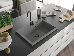 Mexen Elix гранитна мивка с 1 отделение 700 x 500 мм, сива, черен сифон - 6526701005-71-B