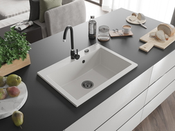 Mexen Elix гранитна мивка с 1 отделение 700 x 500 мм, бяла, черен сифон - 6526701005-20-B