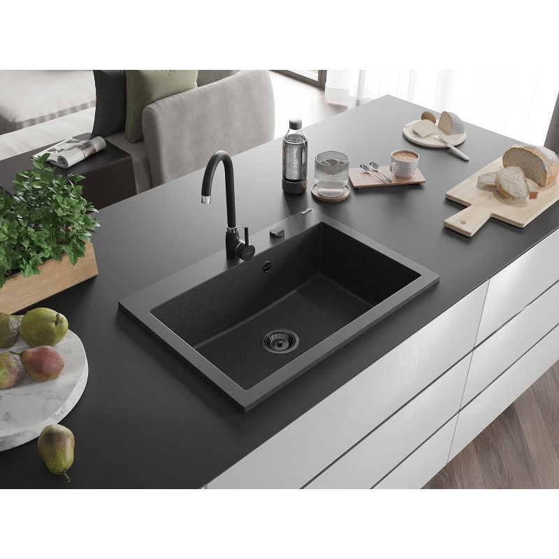 Mexen Elix мивка от гранит с 1 отделение 700 x 500 mm, черна с мраморни вени, черен сифон - 6526701005-76-B