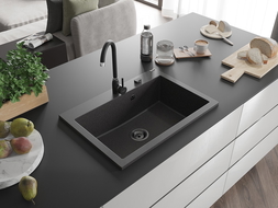 Mexen Elix мивка от гранит с 1 отделение 700 x 500 mm, черна с мраморни вени, черен сифон - 6526701005-76-B