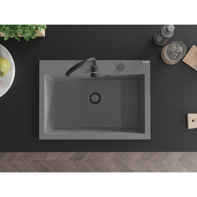 Mexen Elix гранитна мивка с 1 отделение 700 x 500 мм, сива, черен сифон - 6526701005-71-B