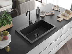 Mexen Elix гранитна мивка с 1 камера 700 x 500 mm, черна/златист металик, черен сифон - 6526701005-75-B