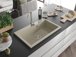 Mexen Elix еднокоморна гранитна мивка 800 x 500 мм, бежова, хромиран сифон - 6527801005-69