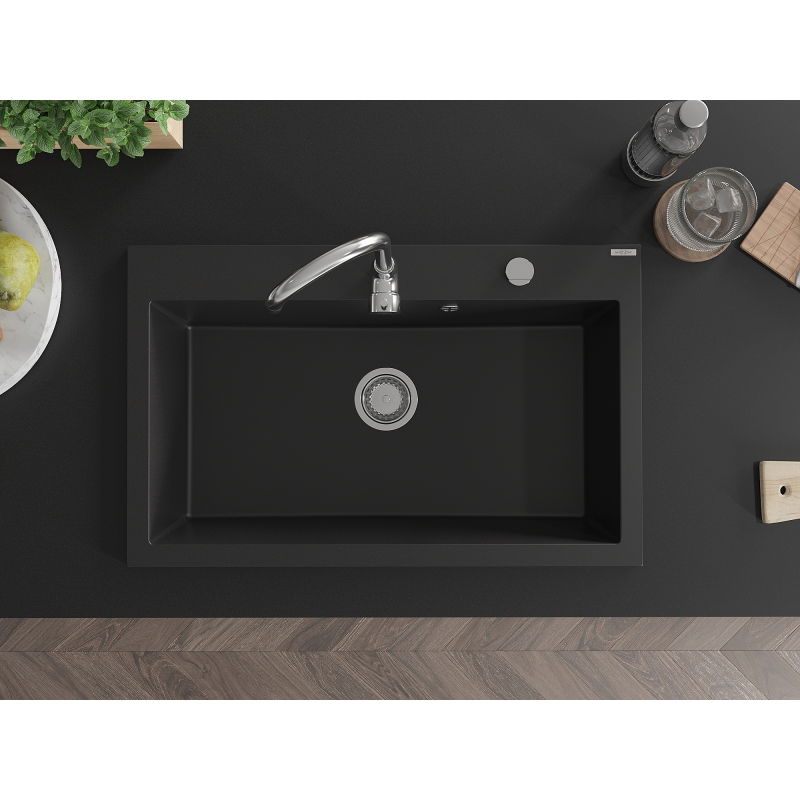 Mexen Elix гранитна мивка с 1 отделение 800 x 500 mm, черна, хромиран сифон - 6527801005-77