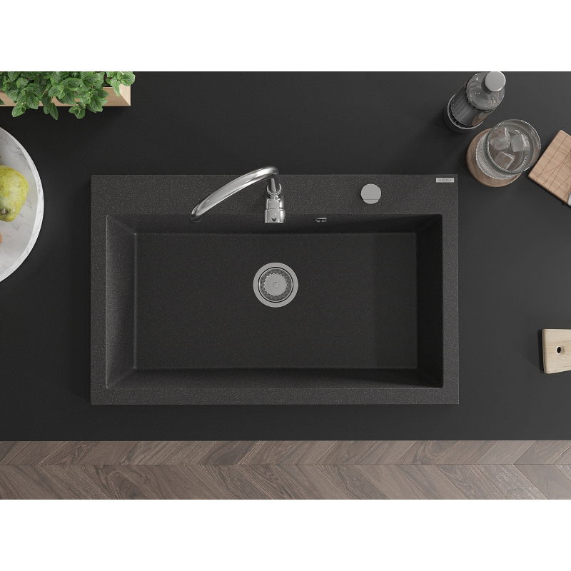Mexen Elix гранитна мивка с 1 отделение 800 x 500 мм, черна с пръски, сифон хром - 6527801005-76