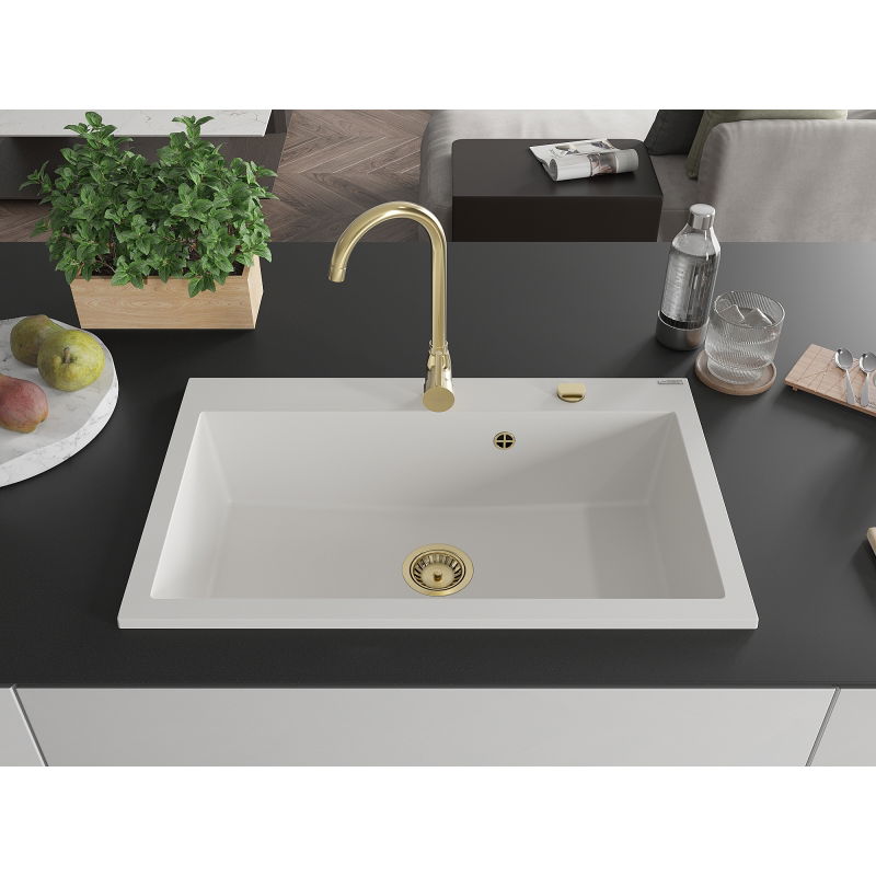 Mexen Elix гранитна мивка със само една камера 800 x 500 mm, бяла, златен сифон