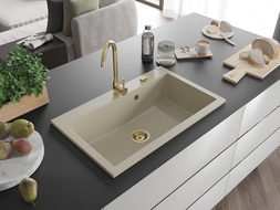 Mexen Elix Гранитна мивка с 1 отделение 800 x 500 mm, бежова, златен сифон - 6527801005-69-G
