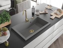 Mexen Elix мивка от гранит с 1 отделение 800 x 500 mm, сива, златен сифон - 6527801005-71-G