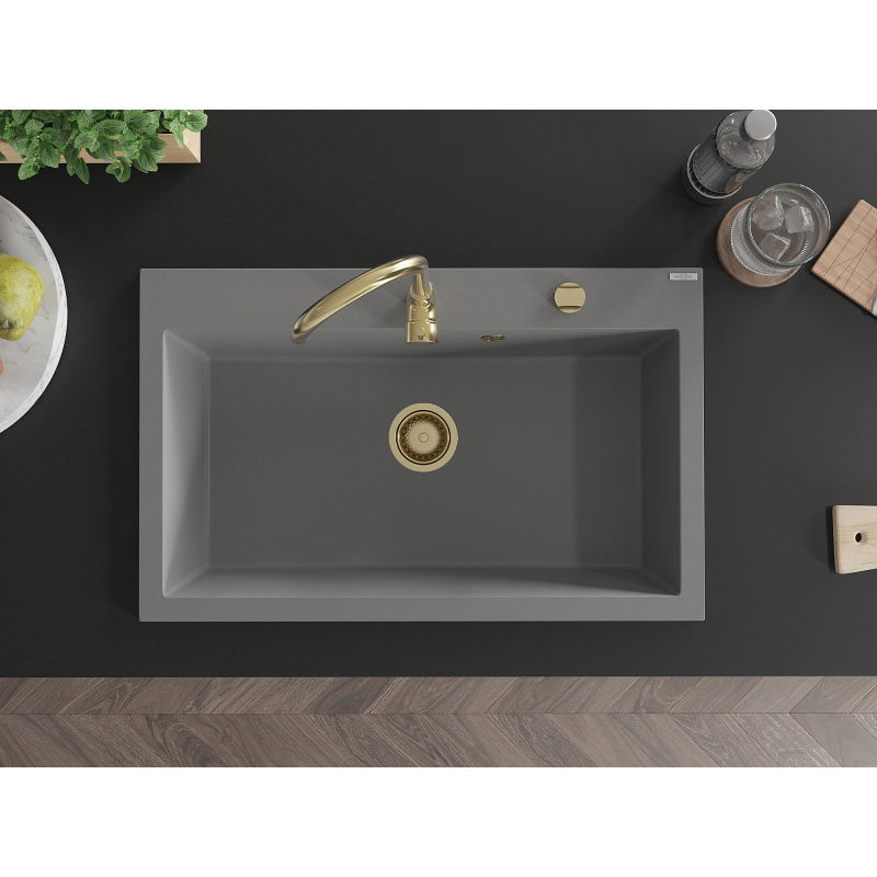 Mexen Elix мивка от гранит с 1 отделение 800 x 500 mm, сива, златен сифон - 6527801005-71-G
