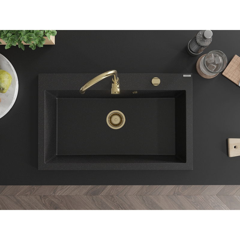 Mexen Elix гранитна мивка с 1 отделение 800 x 500 мм, черно/сребрист металик, златен сифон - 6527801005-73-G