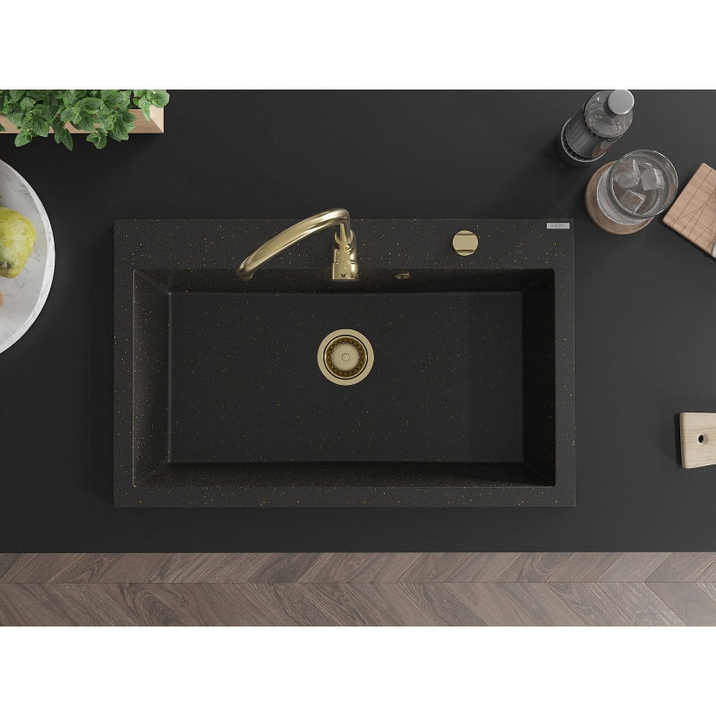 Mexen Elix гранитна мивка с 1 отделение 800 x 500 mm, черен/златист металик, златист сифон - 6527801005-75-G